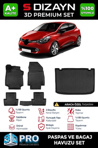 S-dizayn Renault Clio 4 3d Pro Havuzlu Paspas Ve Bagaj Havuzu Seti 2'li Set 2012-2019 A+ Kalite