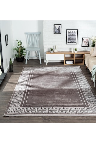 Trend 2809 Gri Halı Krem Kenar Çerçeveli Modern Ince Yumuşak Akrilik Tozuaz Salon Halısı Koridor-942 Gri