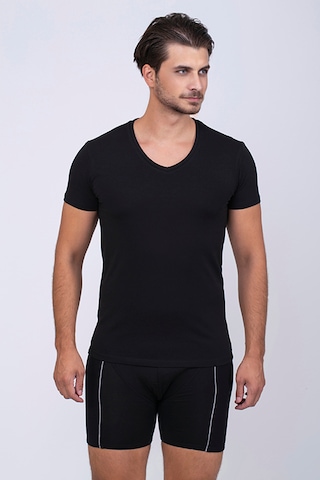 Çift Kaplan Erkek Elastanlı V Yaka T-shirt 0956 3'lü Siyah