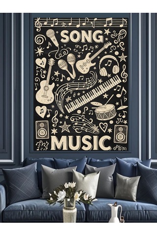 Siyah Müzik Aletleri Posteri Dekoratif Kanvas - Mdf Ahşap Tablo