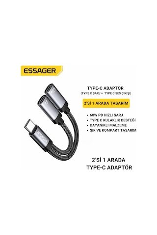 Essager 2in1 Type-c Adaptör 60w Hızlı Şarj + Type C Kulaklık Çıkışı, Hifi Ses Ve Hızlı Şarj Adaptörü Gri