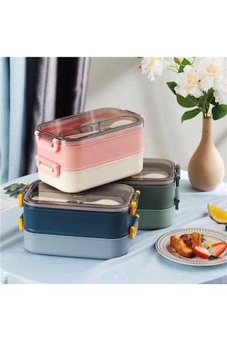 Vagonlife Bento 1500ml 2 Katlı 3 Bölmeli Paslanmaz Çelik Yemek Kutusu Mavi Beyaz