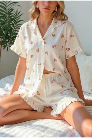 Bella Notte Çiçek Baskılı Fırfırlı Pijama Takımı Ekru