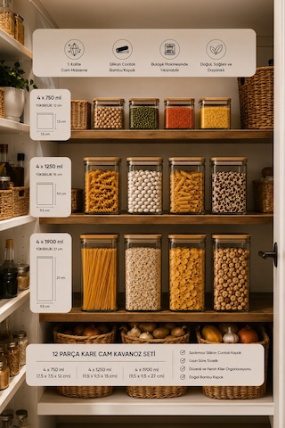 Porsima 12'li Kare Bambu Ahşap Kapaklı Cam Kavanoz Seti 1900 Ml, 1250 Ml, 750 Ml Erzak & Baharatlık Bambu - Şeffaf