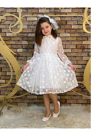 Fiyonk Detaylı Puantiyeli Kurdelalı Tül Elbise - Tül Abiye - Mezu