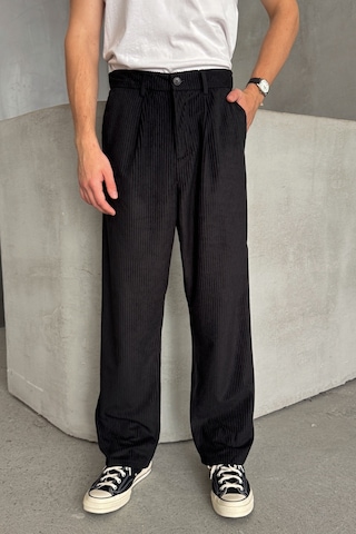 Erkek Pileli Baggy Kalıp Kadife Pantolon Siyah