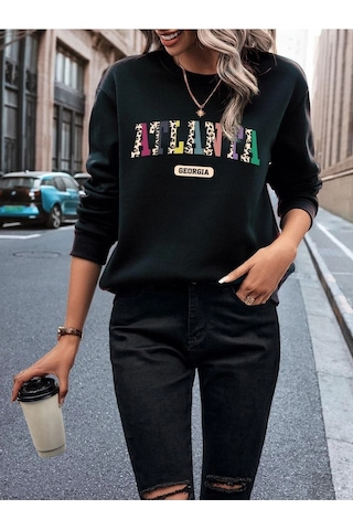 Unisex Oversize Siyah Atlanta Baskılı Bisiklet Yaka Sweatshirt Siyah