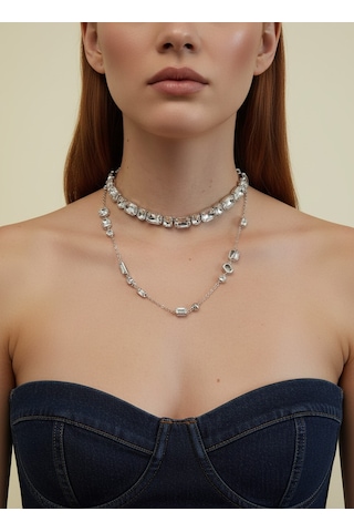 Valmont Accessories Kadın Gümüş Renk Sıralı Swarovski Taşlı Zarif Kolye
