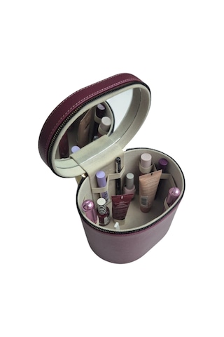 Makyaj Düzenleyici Aynalı Makyaj Çantası Bordo Bölmeli Taşınabilir Kozmetik Organizer 19x15x16 Cm