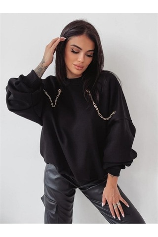 Kadın Uzun Kollu Zincir Detay Iki Iplik Bluz Siyah