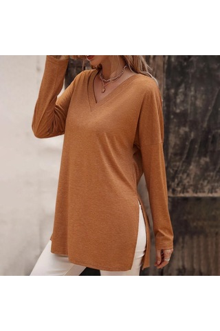 Hnxc Kadın Moda Günlük Yaz Düz Renk Baskı Uzun Kollu V Yaka Bluzlar Ve Gömlekler Pembe