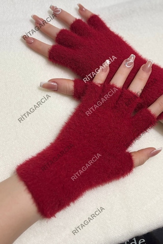Peluş Kesik Parmak Eldiven Kırmızı