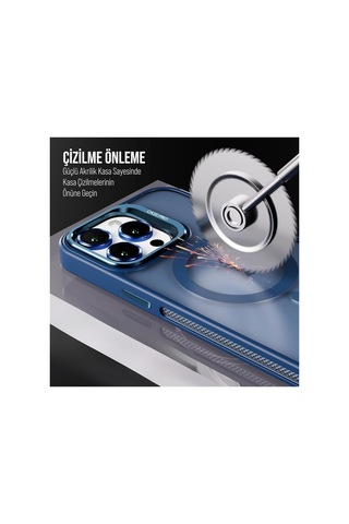 iPhone Uyumlu 14 Plus / 15 Plus Kamera Koruma Stantlı Magsafe Destekli Lens Koruyucu Telefon Kılıfı Lacivert