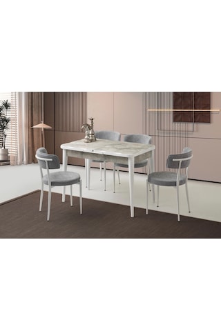 Rambla Ahşap Salon Yemek Masa Takımı 4 Gözde Sandalye Ortadan Açılır Mermer Desen 90x160 Gri