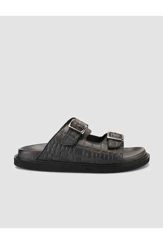 %100 Hakiki Deri Croco Desen Siyah Erkek Terlik Siyah