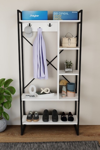 Aria Vestiyer Dekoratif Askılık Portmanto Çok Amaçlı Raf Beyaz