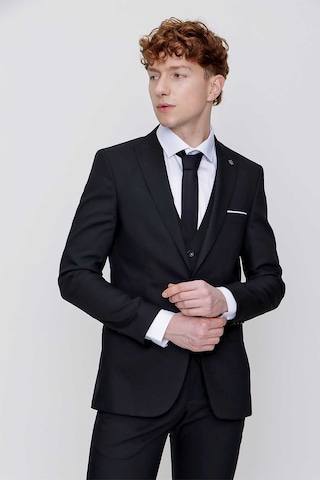 Morven Siyah Yelekli Jakarlı Slim Fit Dar Kesim 6 Drop Erkek Takım Elbise Siyah