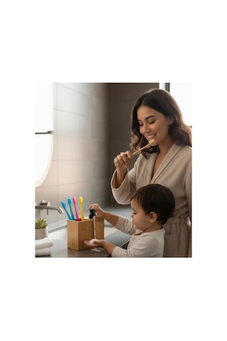 Bambu Banyo Seti Sıvı Sabunluk Ve Diş Fırçalık Seti Mat Siyah Detaylı Doğal Bambu