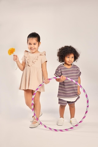 Luess Kız Çocuk %100 Pamuklu Fırfırlı V Yaka Elbise-bej Bej