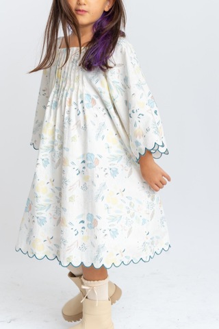 Oliventhekid Dilim Nakışlı Poplin Kız Çocuk Elbise Ekru