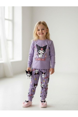 Kız Çocuk Pamuklu Baskılı Pijama Takımı-16830 Mor