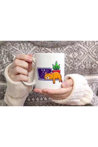 Yorgun Sevimli Kedi Baskılı Seramik Kahve Çay Kupası Beyaz