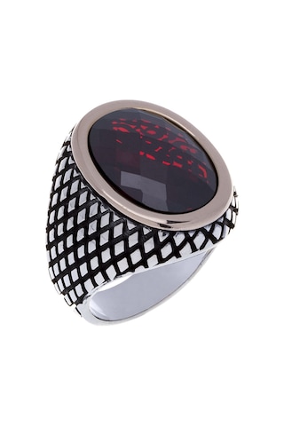 925 Ayar Gümüş Kırmızı Zirkon Taşlı Bronz Çerçeveli Erkek Yüzük