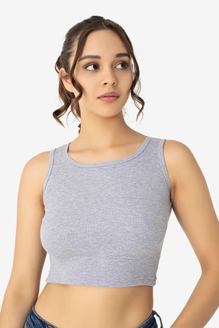 Terrien Özel Seri Alternatif Mevsimlik Üst Kaşkorse Kadın Pamuklu Fitilli Halter Yaka Kalın Askılı Crop Gri