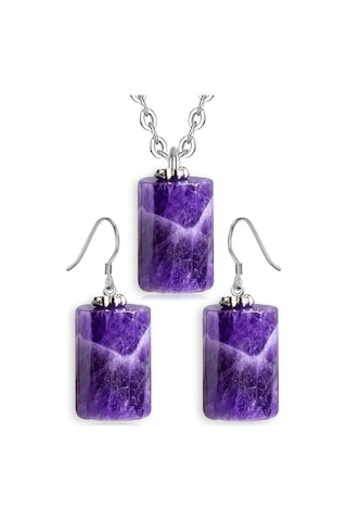 Sertifikalı Doğal Koyu Ametist Taşı Doğal Taş Kolye Küpe Seti Yeş Çok Renkli