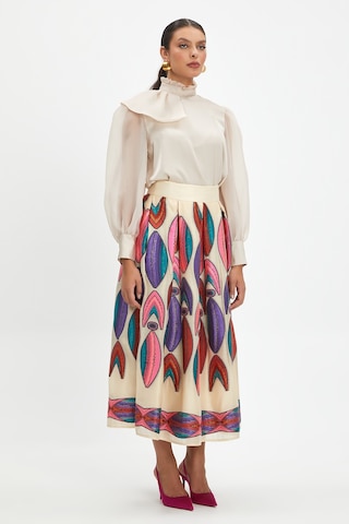 Kadın Desenli Midi Boy Etek - Canlı Renkli İşlemelerle Özel Gün Ve Günlük Kombinler İçin Şık Tasarım Bej