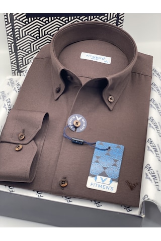 Slim Fit Uzun Kol Pamuklu Hediye Kutulu Kolay Ütülenebilir Erkek Gömlek Fs-002225 - Koyu Kahve-3379