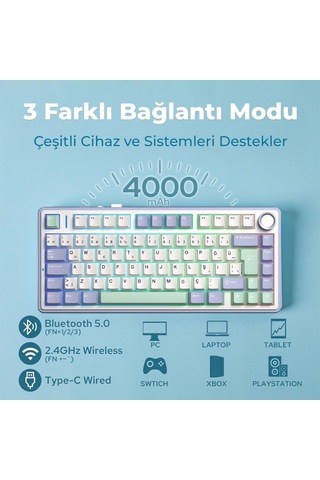 F75 Mekanik Rgb Tkl Graywood V4 Switch Kablosuz Makrolu Hot Swap Türkçe Q Klavye Pastel