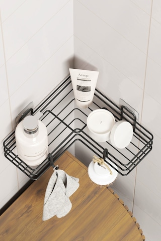 Zabata Yapışkanlı Banyo Köşeliği Köşe Rafı Duş Şampuanlık Duvar Düzenleyici Organizer Raf Siyah Metal Siyah
