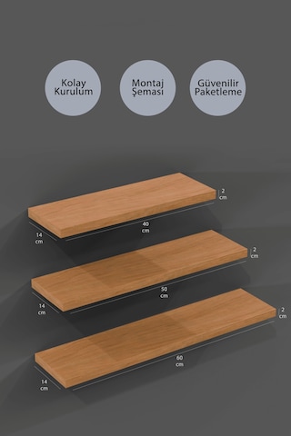 Yankı-BYEG 3lü 40 cm 50 cm 60 cm Safir Meşe Mdf Uçan Duvar Rafı Kitaplık