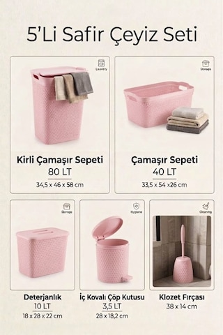 5'li Safir Çamaşır Sepeti Seti Örgü Desenli Pembe