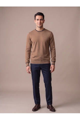 Maccali Erkek Camel Kontrast Şeritli Bisiklet Yaka Triko Sweatshirt
