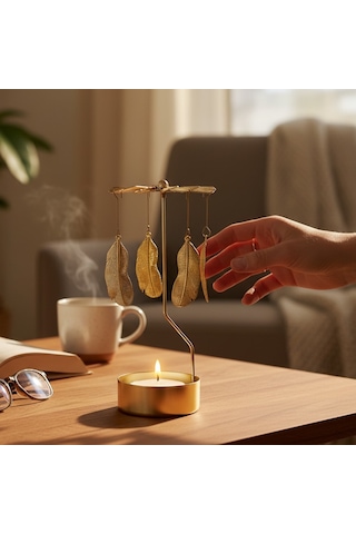 Gold Döner Yaprak Temalı Tealight Mumluk Dekoratif Masa Üstü Aksesuar Gold