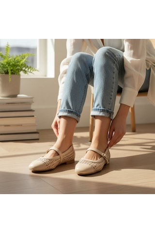 Ne&ve Shoes Bej Deri Biye Örgü Detaylı Tokalı Kadın Babet