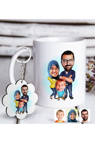 Kişiye Özel Tesettürlü Aile Karikatürlü Beyaz Kupa Ve Anahtarlık N11.833