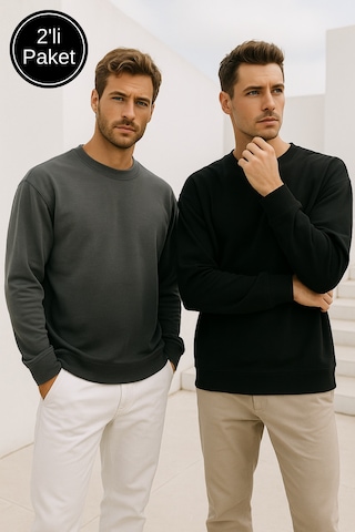 Rich Erkek 2'li Paket Siyah - Antrasit Bisiklet Yaka Scuba Basic Sweatshirt Siyah