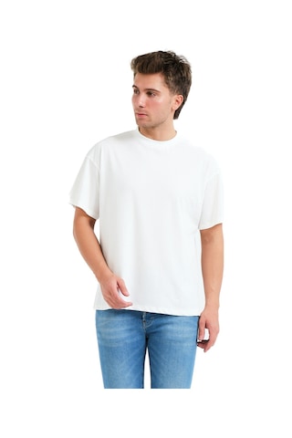 Justever 100% Pamuk Oversize Fit Bisiklet Yaka Ekru Erkek T-shirt - Alpha Ekru