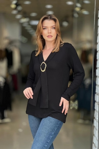 Kravatlı Tokalı Bluz Siyah