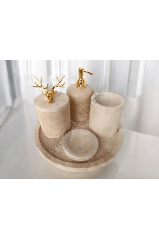 Sarı Traverten Klasik Model 5 Parça Gold Renk Geyik Aksesuarlı Banyo Seti Sarı Traverten