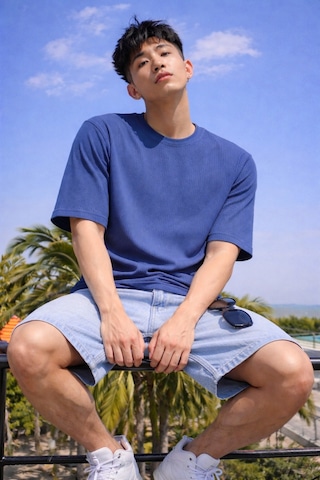 Tarz Cool Erkek Jakarlı Oversize Tişört Bisiklet Yaka Rahat Kalıp Yazlık Basic T-shirt Lacivert