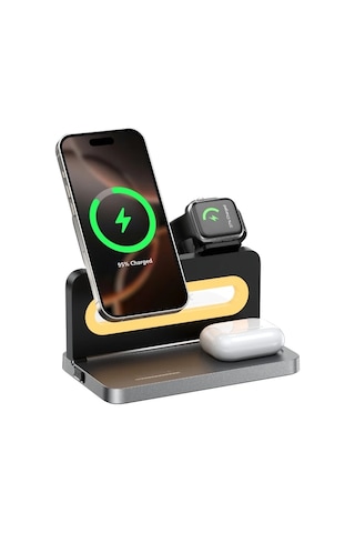 Bix Tps02 Gece Işıklı Çok Fonksiyonlu 3 Ü 1 Arada Akıllı Telefon, Akıllı Saat Ve Tws Kulaklıklar İçin Manyetik 15w Şarj