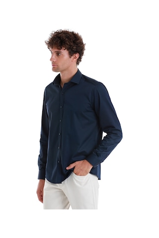Hatemoğlu Lacivert Slim Fit Düz 100% Pamuk Açık İtalyan Yaka Uzun Kollu Saten Gömlek 24d190000045 005 Lacivert