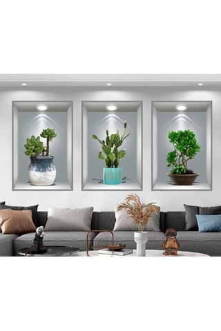 3d Çiçek Vazo Duvar Sticker 3 Lü Set Gri Fon 5060 Çok Renkli