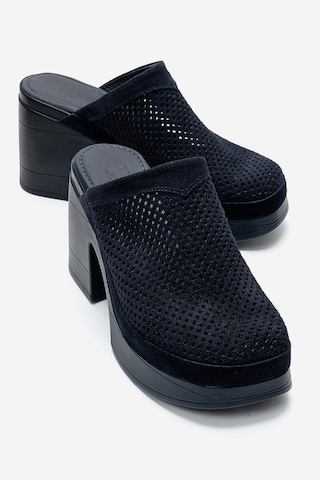 Luvishoes Dejas Lacivert Süet Hakiki Deri Delikli Kadın Kalın Topuklu Terlik