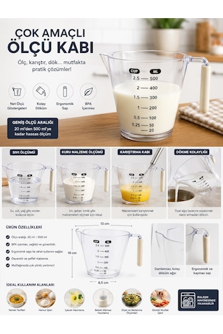 500 Ml Ölçü Kabı Ölçekli Şeffaf Dereceli Mutfak Ölçü Bardağı Cup Ve Ml Ölçülü Kulplu Çok Renkli
