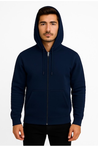 Axxel Erkek Lacivert Fermuarlı Kapüşonlu Sweatshirt-w590 Lacivert 3 İplik Şardonlu